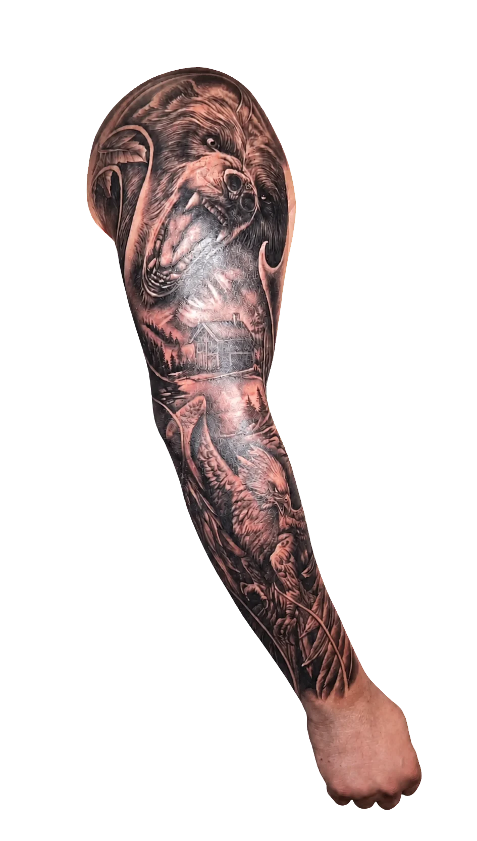 Brazo tatuado fotografiado sin la lente PRISM, con reflejos visibles